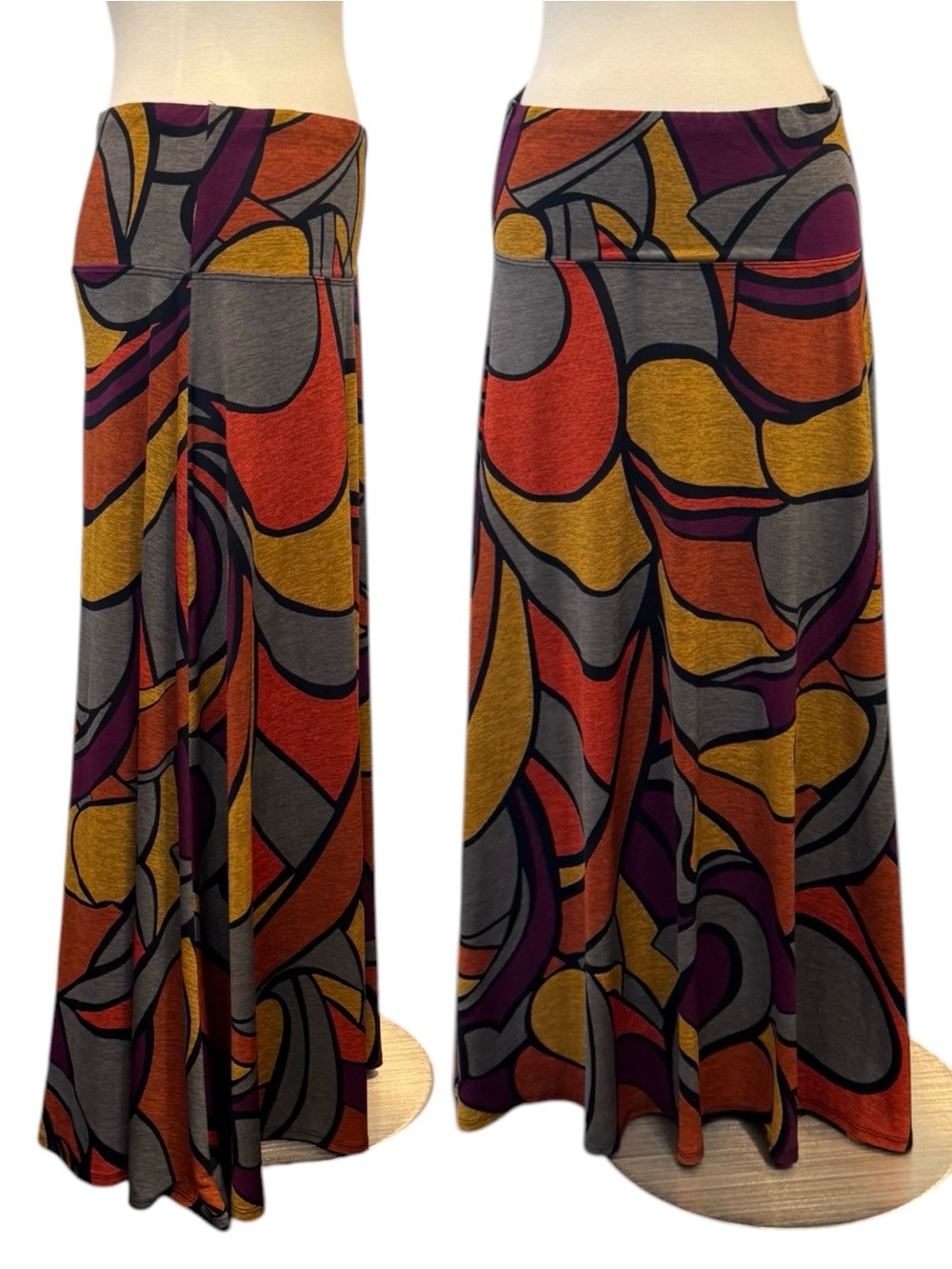 Coco Bianco Bold Swirl Print Orange Purple Wide Band Tummy Tucker Maxi Skirt M